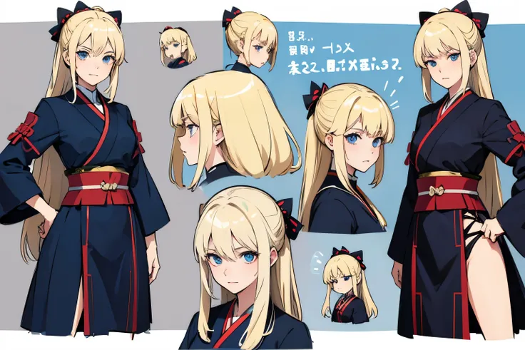 pose model sheet, blonde, blue eyes, hero pose, looking forward, best quality, masterpiece, anime girl, samurai girl