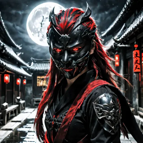 best quality,ultra-detailed,realistic:1.37,unique interpretation,portrait,horror,ninja cloth,((ninja mask):1.2),female vampire,r...