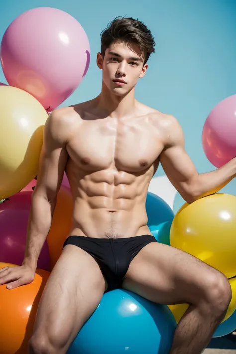 young teen guy shirtless in speedos sitting on big balloons