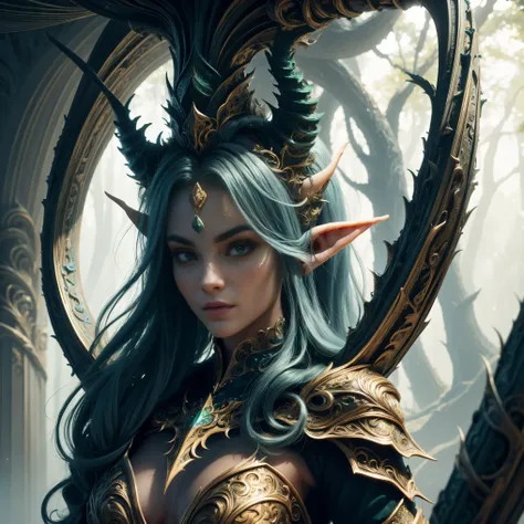 cute female forest elf, cara bonita, belo corpo, cabelo preto, vestindo armadura, capa verde, em uma floresta, 8k, extremamente ...