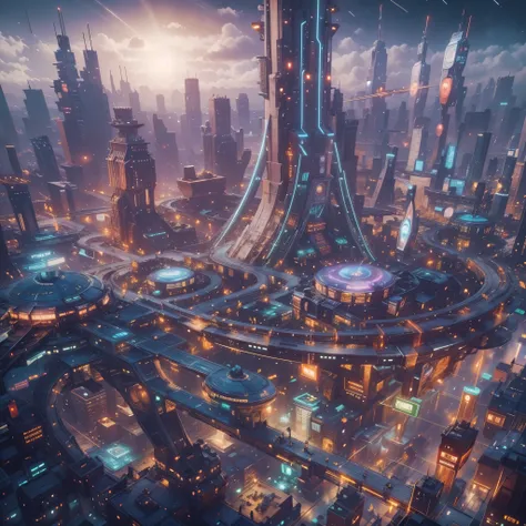 futuristic city、the theme park of the future，the amusement park of the future，entertainment city，floating in the universe、cyberp...