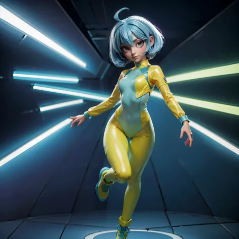 Full-body image of a girl with a light blue bob hairstyle and wearing a fluorescent pink and yellow-green state-of-the-art bodysuit