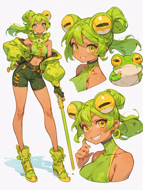 vibrant frog girl, cartoon wakfu style, character sheet, character design, concept art, detailed, best quality, white background...