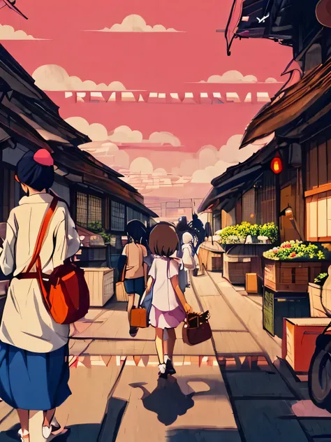 cartoon illustration of a couple of people walking down a street, ancient city streets behind her, old japanese street market, japanese cartoon style, anime style cityscape, travelers walking the streets, anime scenery concept art, japanese animation style...