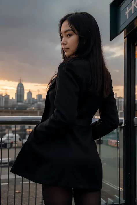 30 years old hong kong woman, (stand still), (((London city))), (sunset), winter black overcoat, upskirt, from back, black sheer tights, black long hair, hyper realistic, environment focus