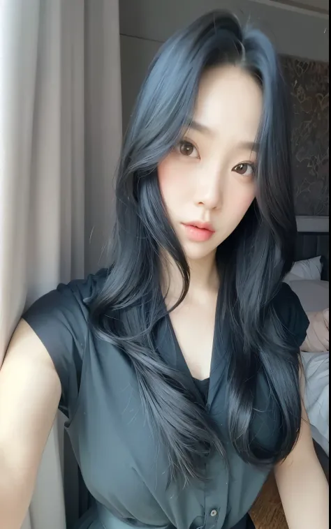 there is a woman with long black hair posing for a photo, beautiful south mulher coreana,  coreana, gorgeous young mulher coreana, com cabelo comprido, beautiful young mulher coreana, yeri, com preto, mulher coreana, Ulzzang, yeri red velvet, asian girl co...