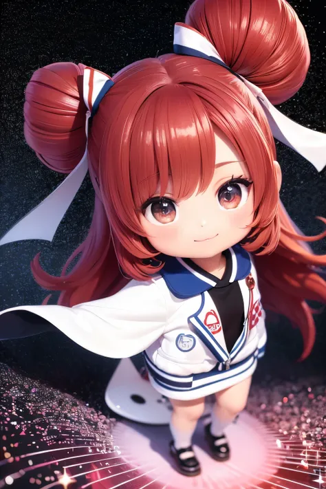 Chibi 3D ultra-realistic nursing uniform wearing cutie with red hair and dark skin smiles, showing her white jacket --s2. Exquisitely detailed and adorable chibi character, beaming with joy while donning her authentic nursing uniform featuring a red cross ...