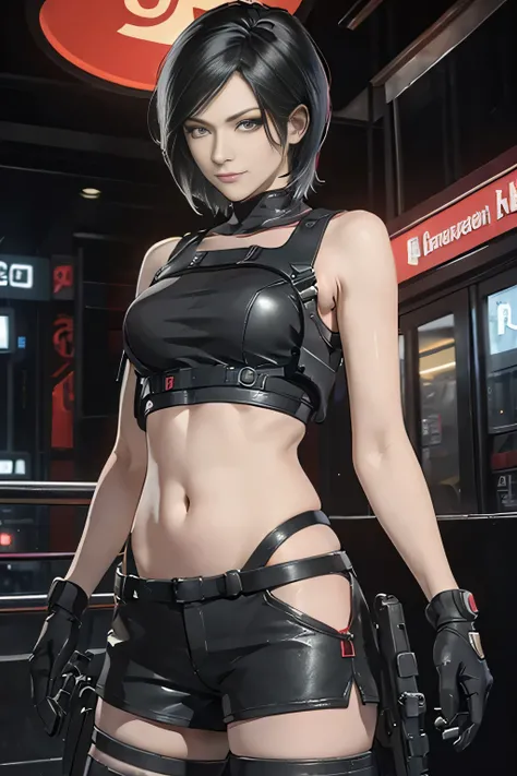 (Resident Evil Ada 1.5)，(40 years old1.5)、expensive, chest，Has a well-proportioned body shape，{{{chopped}}}，(black and red tank top、Navel exposure、Black leather low rise shorts 1.5),日本warior，warior盔甲，woman warior，{{{cyberpunk city}}}，expensive家，{{{neon lig...