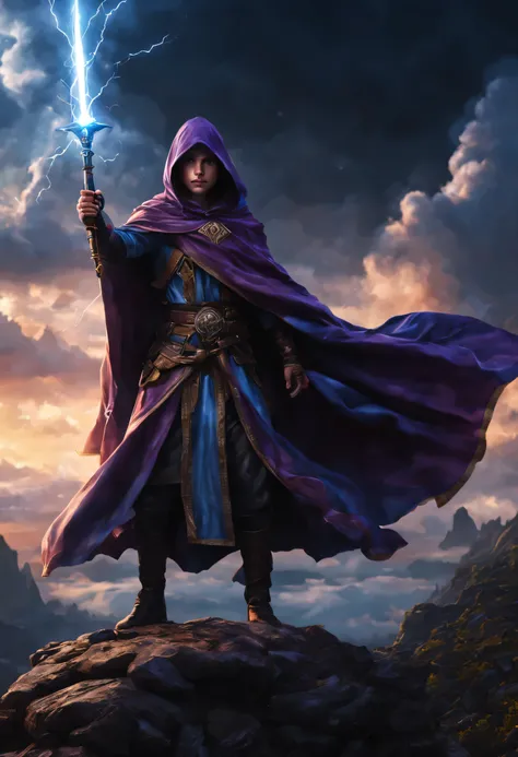 (best quality,4k,8k,high resolution,masterpiece:1.2),Super detailed,(actual,photoactual,photo-actual:1.37),otherworldly hero,cloak,magic,arms,Falling from the sky,portrait,Distinctive features,Detailed eyes and face,young,Strong,brave,standing on the mount...