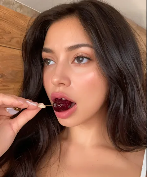 There is a woman who is eating a berry with her tongue., labios gruesos, charli xcx, Retrato de Sophie Mudd, cerveza madison, Violeta Myers, flawless Piel de oliva, labios brillantes, Dua Lipa, labios naturales, julia sarda, comiendo fruta podrida, full la...