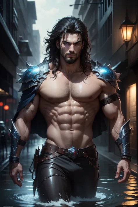 (masterpiece, best quality:1.2), ultra-detailed, detailed face, detailed lips and eyes, attractive appearance, realistic, FRED barbarian man with black hair, messy hair, slight beard, ferocious expression, strong build, intense gaze, veins bulging on his n...