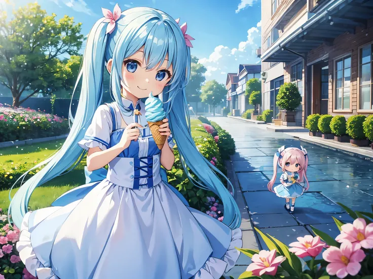 light blue long hair、Chibi character with twin tails、blue sky、Eating ice cream while walking through a beautiful flower garden、happy smile、cute costume、