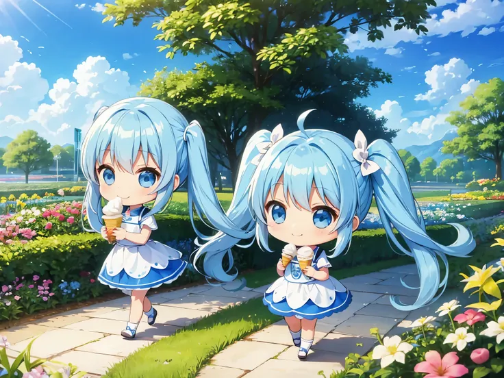 light blue long hair、Chibi character with twin tails、blue sky、Eating ice cream while walking through a beautiful flower garden、happy smile、cute costume、