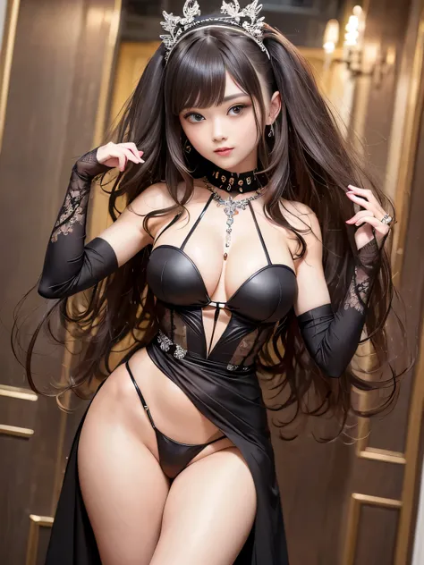 ultra high resolution、super high quality、8k、Detailed details、great expression、1 female、Tall and slender woman、long brown curly hair、Black see-through dress with luxurious hair ornaments、luxury hotel dance party background、