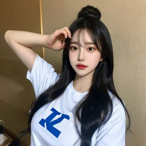 korean girl wearimg a tee with writing "i love kysadv"