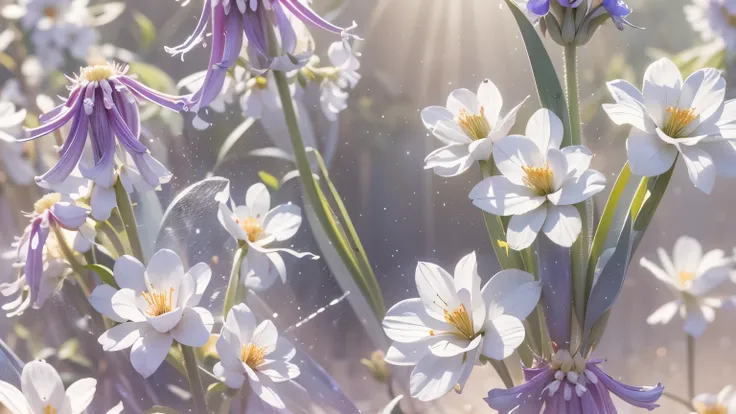 bouquet of delicate flowers Hyacinth, super transparent, holy light, beautiful spectral light, petals glow, flashing, dark background, transparent light drops, reflective light, bright, light flowing in, optics, portrait profile, sharp focus, magical, intr...