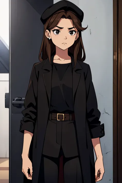 shy, loving, light skin, long light brown hair, eyebrow earring, black cap, big black eyes, black eyeliner, brown shirt, thin, small breasts, tall, 14 years old, black pants, black eye makeup, black overcoat.