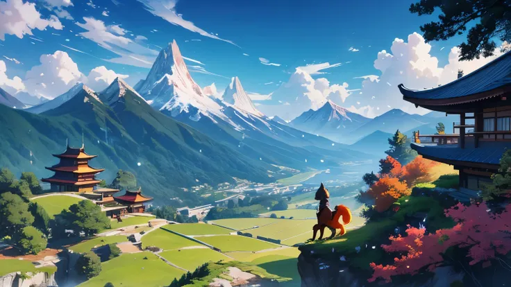 fantasy world, colorful, anime, mountain, plain, trees, a samourai looking at the horizon, red fox, small dragon flying in the sky, genshin impact