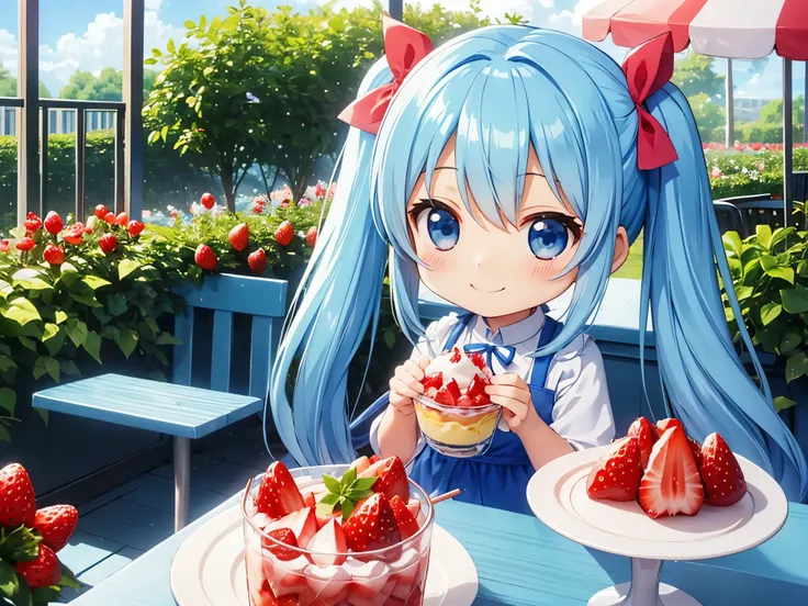 light blue long hair、Chibi character with twin tails、blue sky、Eating a large strawberry parfait at a cafe in a beautiful flower garden、happy smile、cute costume、