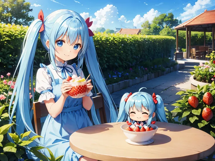 light blue long hair、Chibi character with twin tails、blue sky、Eating a large strawberry parfait at a cafe in a beautiful flower garden、happy smile、cute costume、