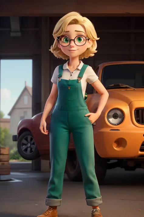 ((best quality)), ((work of art)), (detailed), perfect face, woman, short, blonde hair, brown eyes, round glasses, green car mechanic overalls
 
