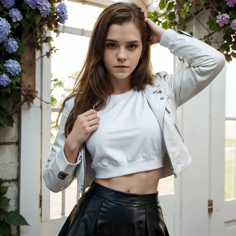 4k, June scenery, Emma Watson, long hair, brown hair, medium breasts, blue eyes, white crop-top, black leather skirt, black leather jacket, sexy pose, looking at viewer, night, colorful hydrangea 