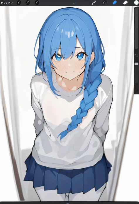 masterpiece, rating: explicit, misekai 555:2, 1girl, looking at viewer, standing, blue pleated skirt, white tights, blue hair, braid, white sweater, blurry white background:0.7, simple white background, detailed blue eyes, shiny blue eyes, smile, standing,...