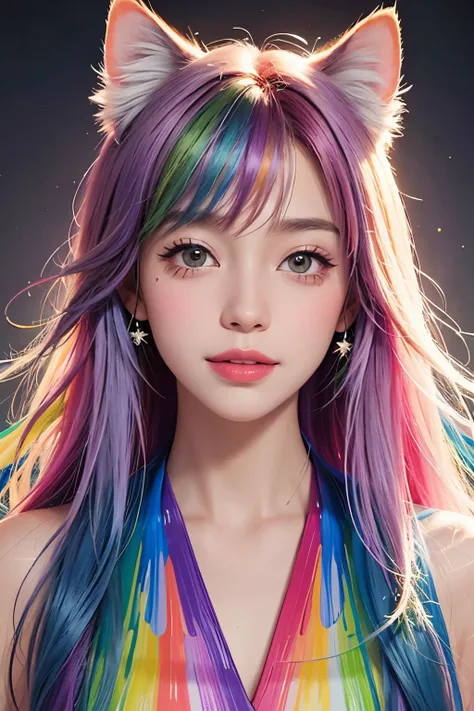 Im a cat with rainbow-hued fur, exquisitely rendered in an intricate painting style, featuring vertical brushstrokes and a thick paint texture. My eyes, crystal clear and large, sparkle with shimmering reflections, expressing a playful and curious demeanor...