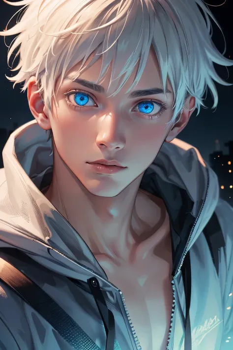 (highly detailed:1.3), solo, 1boy,  upper body, hoodie ,(blue eyes:1.2), glowing eyes, (white hair),
ultra-detail,(highres:1.1),...