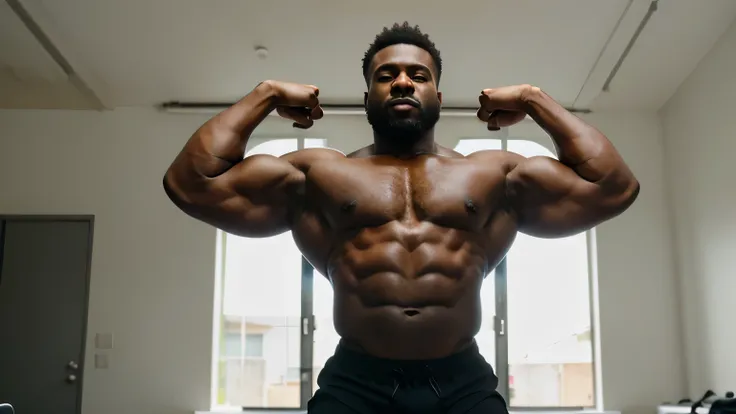 Um homem negro musculoso, with arms down after training, Pose para foto, pose de fisiculturista, arms down at waist level, Hands on waist