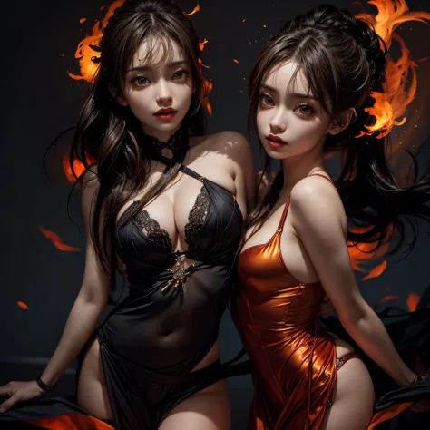 (NSFW:-0.95), (((nipple:-0.99))), (Acutance:0.85, Ultra-detailed:1.35), (best quality, highres, realistic:1.37), (sexy woman clad in flames:1.2), outfit made of flames, (colorful lights dancing in a blurred background:1.2), detailed gaze, seductive lips, a...