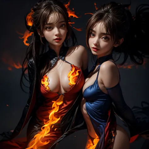 (NSFW:-0.95), (((nipple:-0.99))), (Acutance:0.85, Ultra-detailed:1.35), (best quality, highres, realistic:1.37), (sexy woman clad in flames:1.2), outfit made of flames, (colorful lights dancing in a blurred background:1.2), detailed gaze, seductive lips, a...