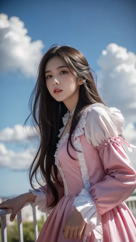 8k, ultra hd, masterpiece, 1 girl, very cute face, detailed eyes, ultra long hair, detailed lips, light makeup, very detailed costume, lolita costume, magenta costume, strome weather, clouds, low lighting, blowing air,