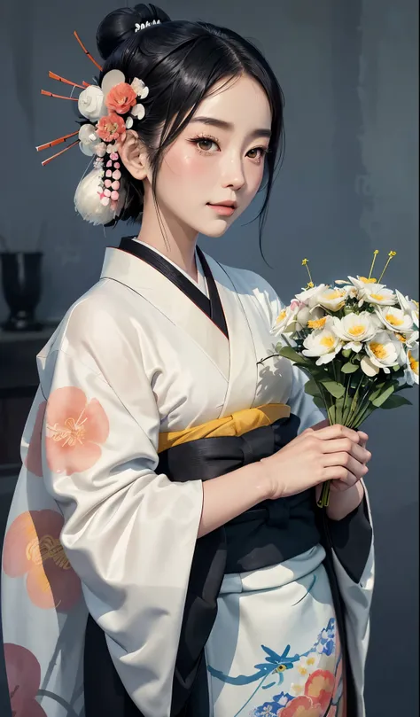 8K, top-quality, hight resolution, Bauhaus, shapes, lines, abstract, Bishoujo 1 25 years old, Flower steamed buns,A slight smil, (traditional Japanese kimono:1.3)、Luxury kimono、no wrinkles at all,watercolor paiting, (Flower hair ornament:1.3), Bauhaus, sha...