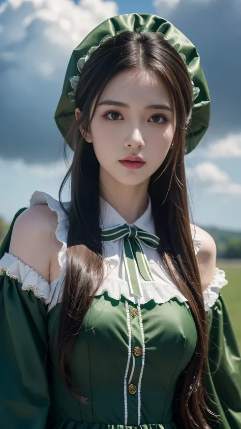 8k, ultra hd, masterpiece, 1 girl, very cute face, detailed eyes, ultra long hair, detailed lips, light makeup, very detailed costume, lolita costume, dark green costume, strome weather, clouds, low lighting, blowing air,