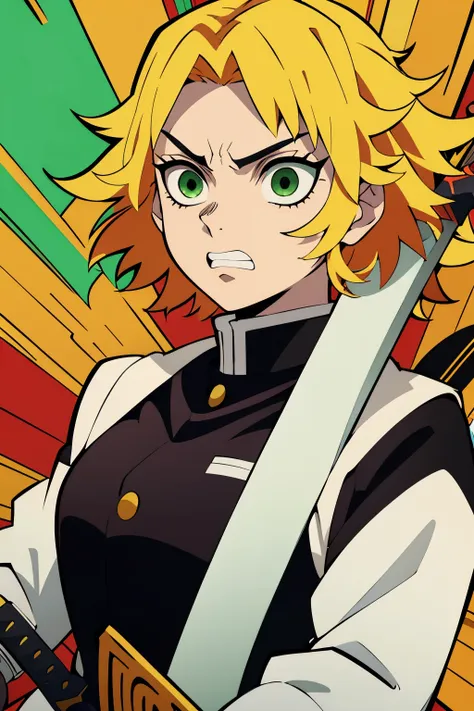 White young woman, Yellow hair with red details, Medium hair, Green eyes, Angry face, Linda, Sword, demon slayer uniform, show teeth