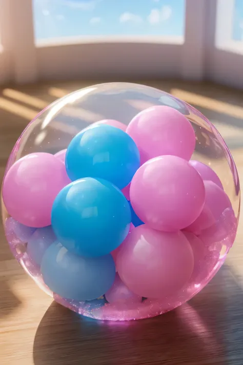 (melhor qualidade,4k,8K,high resolution,obra de arte:1.2),ultra-detalhado,(Realista,photoRealista,photo-Realista:1.37),rosa e azul, rosa e azul ball pit,soft plastic bolas, bolas, luz solar intensa entrando pelas janelas,Bolhas,dia,a magician