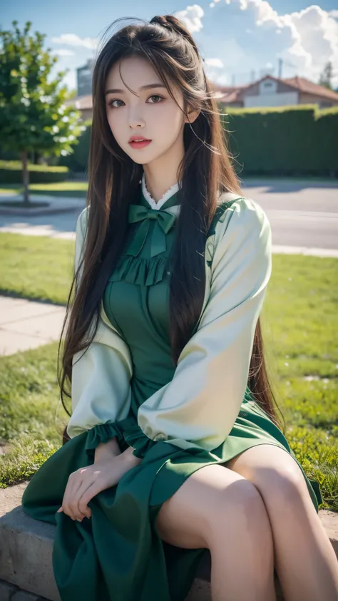 8k, ultra hd, masterpiece, 1 girl, very cute face, detailed eyes, ultra long hair, detailed lips, light makeup, very detailed costume, lolita costume, dark green costume, strome weather, clouds, low lighting, blowing air, sitting,