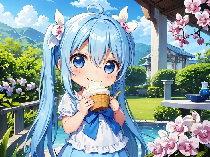 light blue long hair、Chibi character with twin tails、blue sky、Eating a large ice cream at a cafe filled with orchid flowers in a beautiful orchid flower garden.、happy smile、cute costume、