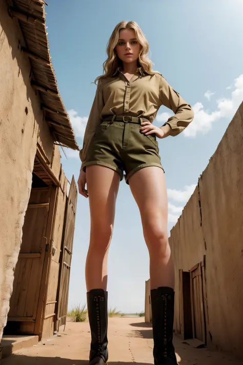 masterpiece, best quality, hyperrealistic, cinematic photo,2people, (1girl, 18 year old girl), ((pale skin)), American amazing slim body, ((Tight Khaki blouse)), ((Very tight Khaki shorts)), Brown army boots, short blonde wavy hair, perfect slender legs, w...