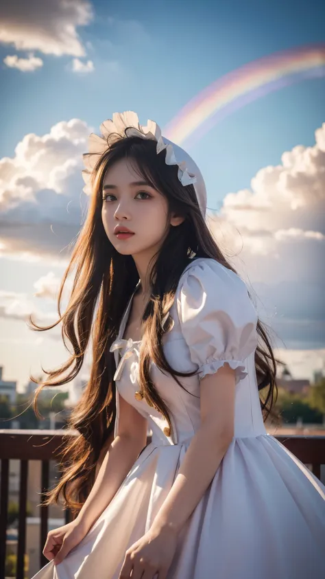 8k, ultra hd, masterpiece, 1 girl, very cute face, detailed eyes, ultra long hair, detailed lips, light makeup, very detailed costume, lolita costume, rainbow costume, strome weather, clouds, low lighting, blowing air,