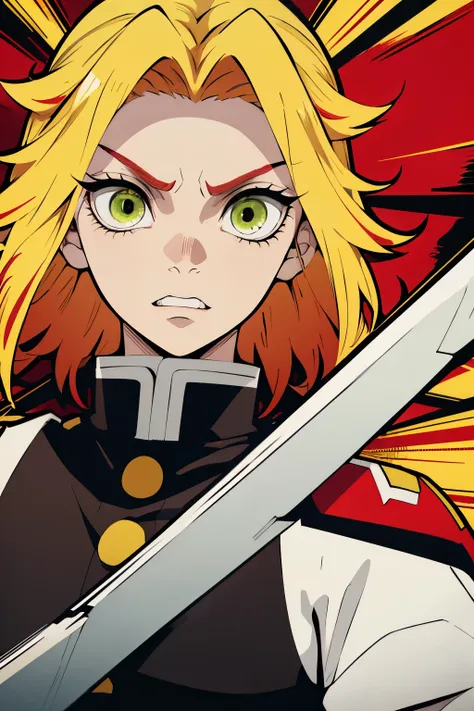 white young woman, yellow hair with red details in her hair, medium hair, green eyes, angry face, linda, sword, demon slayer uni...