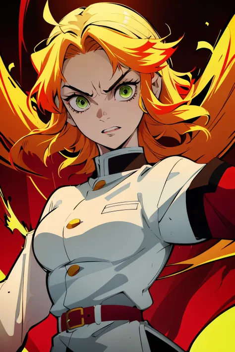 white young woman, yellow hair with red details in her hair, medium hair, green eyes, angry face, linda, sword, demon slayer uni...