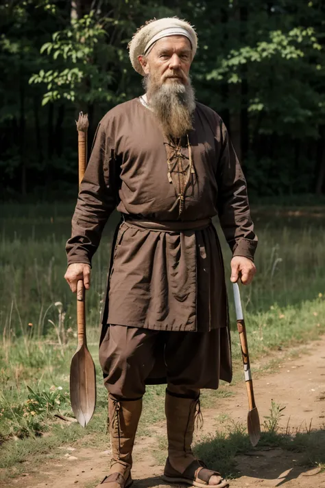 Exercise: generate picture - aged man,  with a short beard , full length, in Slavic clothes, standing on the land of his ancestors,  holding an oar in his right hand.