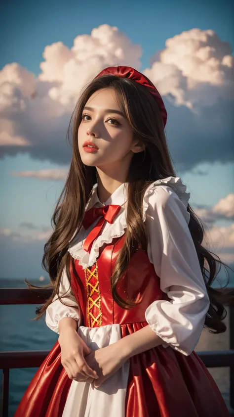 8k, ultra hd, masterpiece, 1 girl, very cute face, detailed eyes, ultra long hair, detailed lips, light makeup, very detailed costume, lolita costume, red costume, strome weather, clouds, low lighting, blowing air,