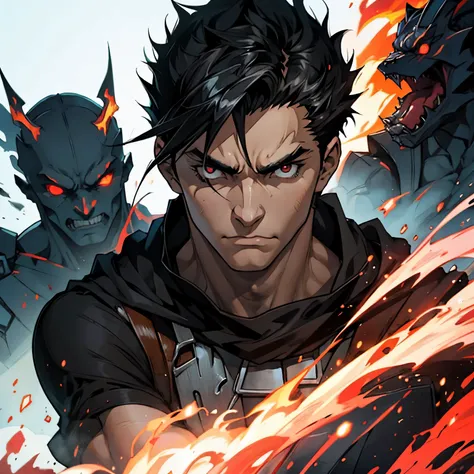 1 male anime character, black hair demon, hallow eyes, muscular, aggressive, portrait, white lightnings and fire in background
