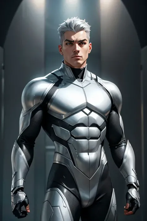 CREATE A SILVER GRAY METALLIC THEMED MALE SUPERHERO THAT HAS METAL BODY PARTS LIKE AN ANDROID