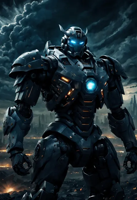 Heroes from another world, Mecha, 1 person,Mechaa, warrior, Permanently installed, whole body, Close-up of hero's appearance, glowing eyes, night, dark clouds, dream world,texture, light and shadow, Sense of space, (best quality, masterpiece, epic pict...