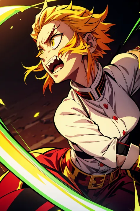 White young woman, Yellow hair with red details in her hair, Medium hair, Green eyes, Angry face, Linda, Sword, demon slayer uniform, show teeth, red highlights in hair,