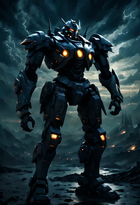 Heroes from another world, Mecha, 1 person,Mechaa, warrior, Permanently installed, whole body, Close-up of hero's appearance, glowing eyes, night, dark clouds, dream world,texture, light and shadow, Sense of space, (best quality, masterpiece, epic pict...